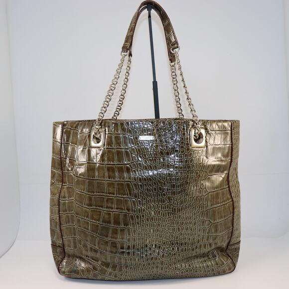 Kate Spade Croc Embossed Patent Leather Chain Shoulder Tote Bag Olive Green - Picture 1 of 6